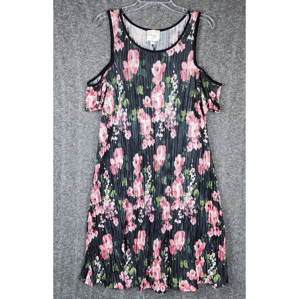 Beige by ECI Dress Womens 2X Floral Black Pink Cold Shoulder Pleated EUC